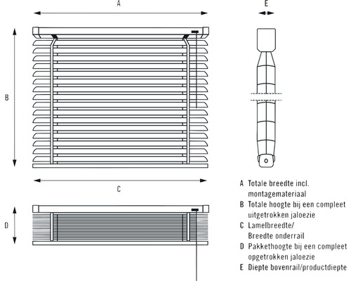 Diagram van jaloezie afmetingen met totale breedte, totale hoogte, lamelbreedte en diepte bovenrail