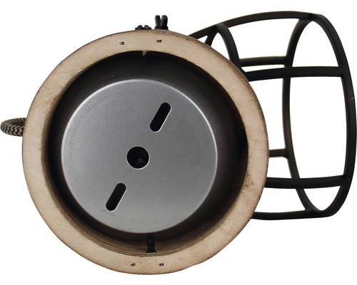 Detailopname van een lamp met houten ring en metalen rooster