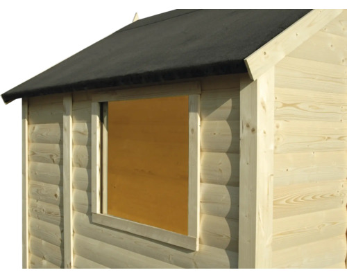 Detailaanzicht van een tuinhuis met houten wand en dakleer