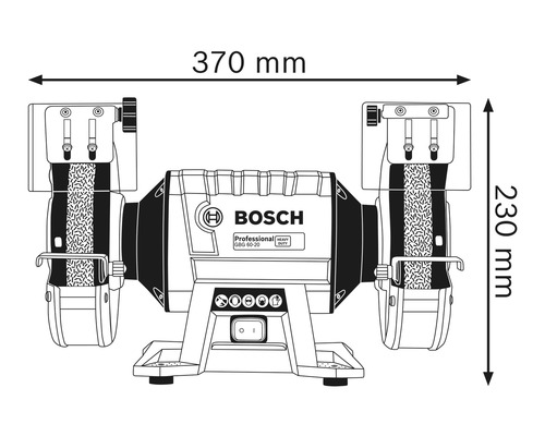 Technische tekening van een Bosch dubbele slijpmachine met afmetingen 370 mm breed en 230 mm hoog