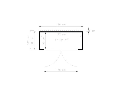 Plattegrondtekening met afmetingen: 196 cm breed, 105 cm hoog, 1.94 vierkante meter oppervlakte