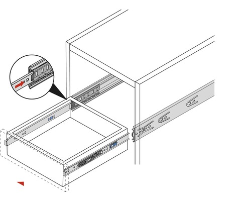 Illustratie van een lade met telescopische rails voor montage