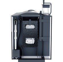 Binnenaanzicht van een aquarium met filter, verwarmingselement en filtermaterialen
