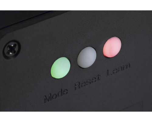 Close-up van drie leds met de opschriften Mode, Reset en Leren