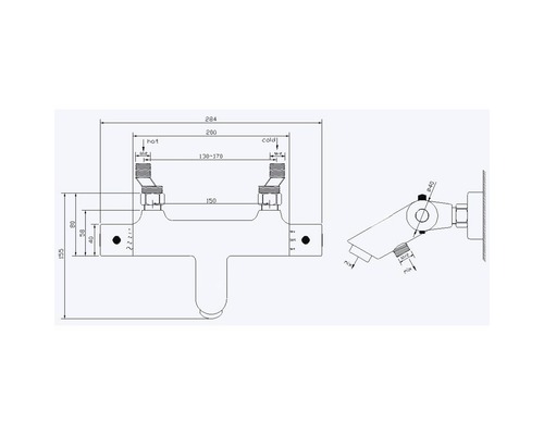 Technische tekening van een opbouw douchekraan met afmetingen