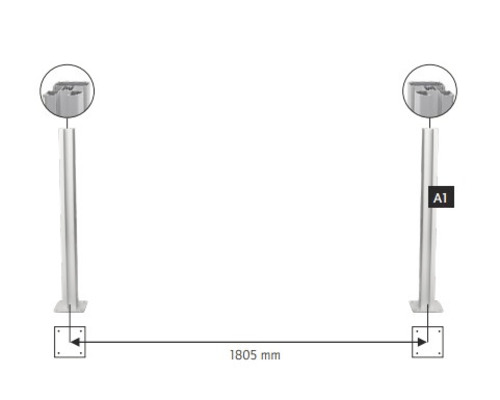 Illustratie van twee metalen palen met een tussenafstand van 1805 millimeter.