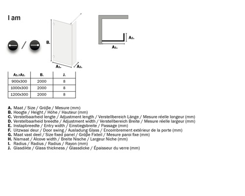Technische tekening van een douchecabine met maataanduidingen