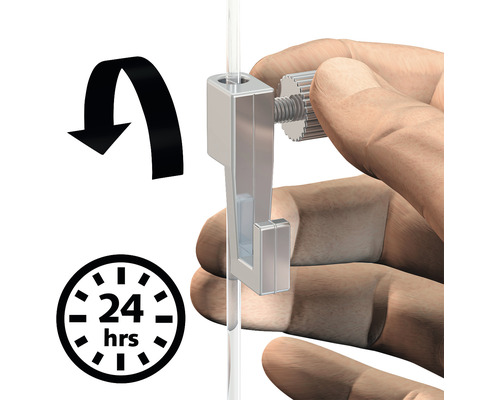 Close-up van een foto ophangsysteem met draaipijl en 24 uurs symbool