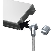 Detailopname van een railsysteem met staalkabelophanging voor plafondmontage.