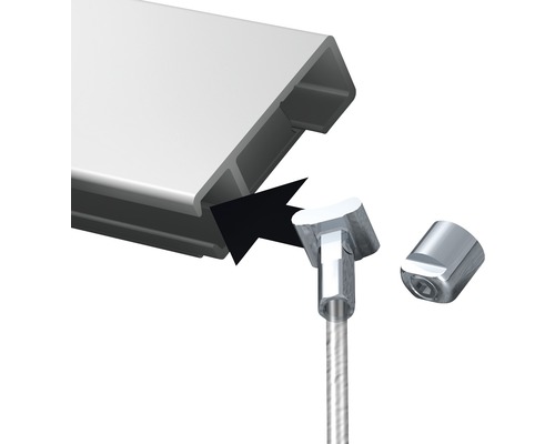 Detailopname van een railsysteem met staalkabelophanging voor plafondmontage.