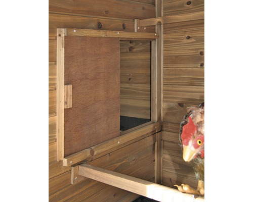 Detail van een kippenhok met een gedeeltelijk openstaande houten deur en een stok