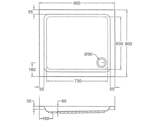 Technische tekening van een douchebak met afmetingen