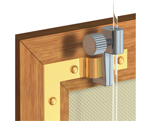 Detail van een glazen schuifdeurbevestiging met schroef op een houten frame