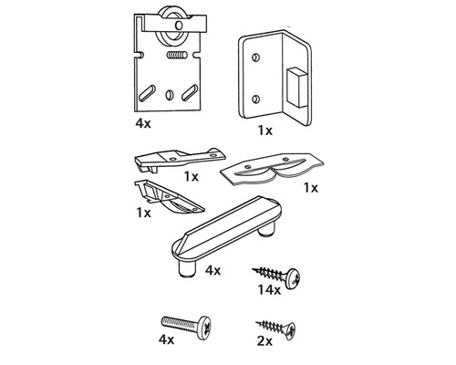 Illustratie van een beslagset met rollen, hoeken, grepen en schroeven in verschillende aantallen