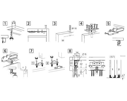 Montage-instructies voor schuifdeurbeslag met schematische weergaven en maatvoering