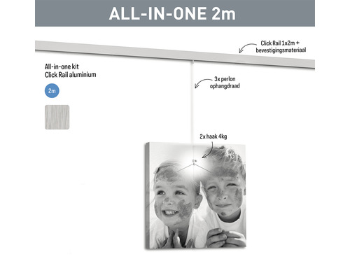 Complete set met aluminium clickrail en bevestigingsmateriaal voor het ophangen van foto''s