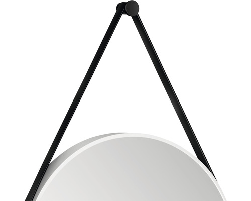 Detail van een ronde spiegel met zwarte ophanging