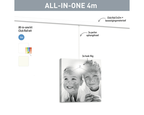 Complete set inclusief clickrail, bevestigingsmateriaal, ophangdraad en haken voor foto''s tot vier kilogram