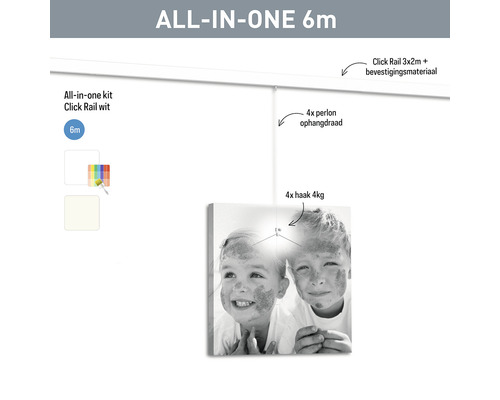 Complete set voor het ophangen van schilderijen met rail, perlonkoorden en haken