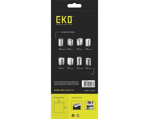 EKO vuilniszakken verpakking met compatibele afvalemmer modellen en gebruiksaanwijzing.