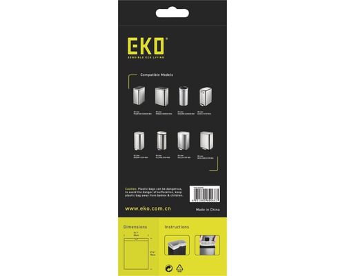 EKO navulzakverpakking met informatie over compatibele modellen, voorzorgsmaatregelen en afmetingen