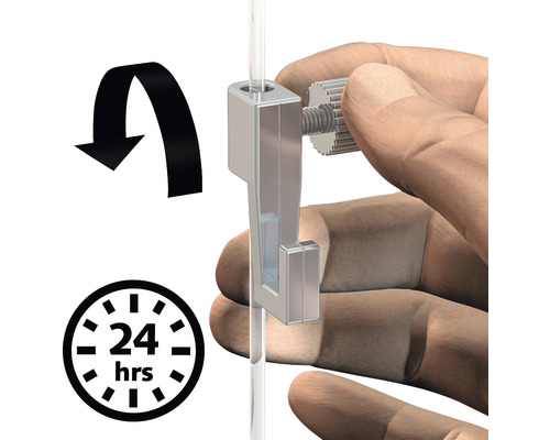 Detail van een fotolijstophanging met draaimechanisme, 24 uurs symbool en pijl