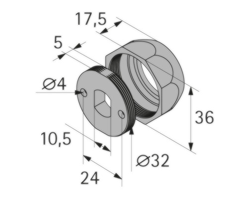 Technische tekening van een moer met afdichting en de bijbehorende afmetingen.