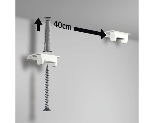 Montage-instructie voor een bevestigingselement met plug, schroef en een afstand van 40 centimeter
