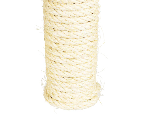 Detailweergave van een krabpaalstam omwikkeld met sisal.