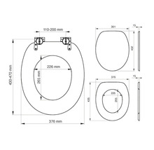 Technische tekening van een toiletbril met afmetingen.