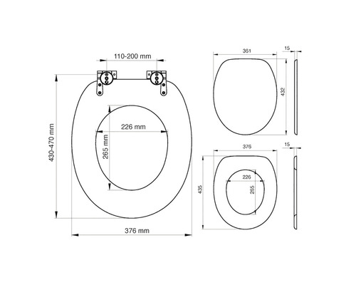 Technische tekening van een toiletbril met afmetingen.