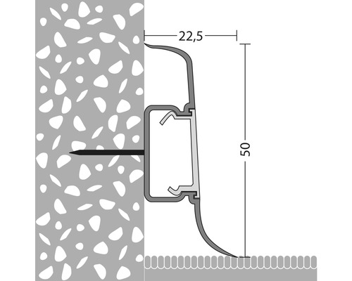 Technische tekening van een plintprofiel met de afmetingen 22,5 en 50