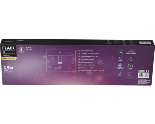 Verpakking van een Flair led-spiegellamp Rasalas met 6,5 watt en 870 lumen