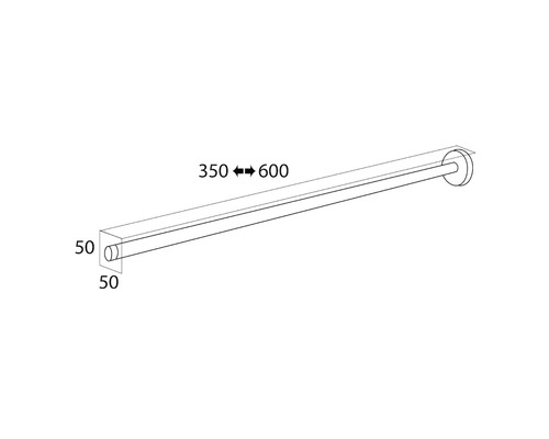 Technische tekening van een handdoekstang met afmetingen van 350 tot 600 mm lengte en 50 mm hoogte en breedte.