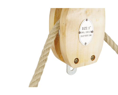 Houten blok met touw, grootte 5 inch, draagvermogen 1200 lbs, touwdiameter 12 mm