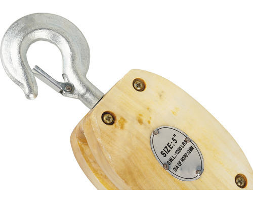 Houten katrol met haak, grootte 5 inch, veilige werkbelasting 1200 lbs, kabeldiameter 12 mm