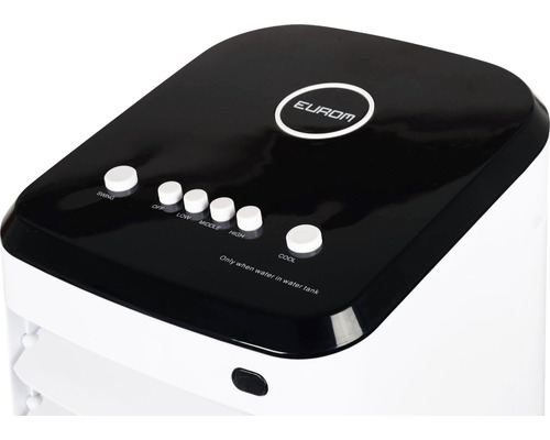 Eurom Logo. Bedieningselementen van een luchtkoeler voor zwenken, uit, laag, midden, hoog en koelen.