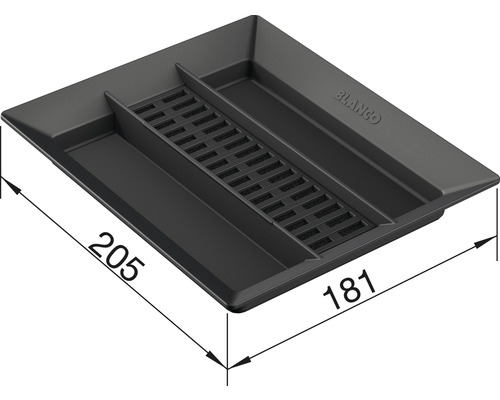 Blanco afdruipbak met de afmetingen 205 x 181 millimeter.