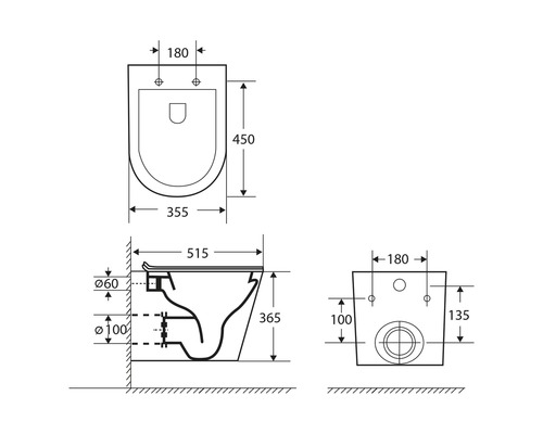 Technische tekening van een wandcloset met afmetingen