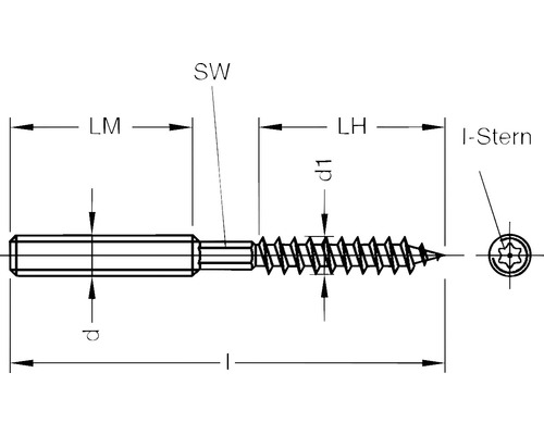Technische tekening van een schroef met I-ster aandrijving