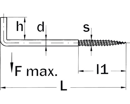 Technische tekening van een schroefhaak met afmetingen