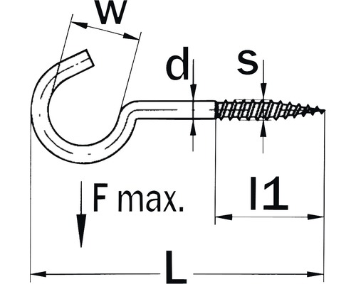 Technische tekening van een haak met schroefdraad en maatvoering