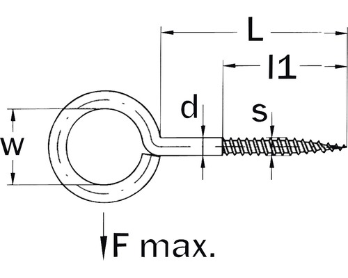 Technische tekening van een oogschroef met schroefdraad en afmetingen.