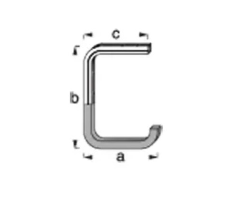 Schematische weergave van een U-vormige bevestigingsbeugel met de afmetingen a, b en c