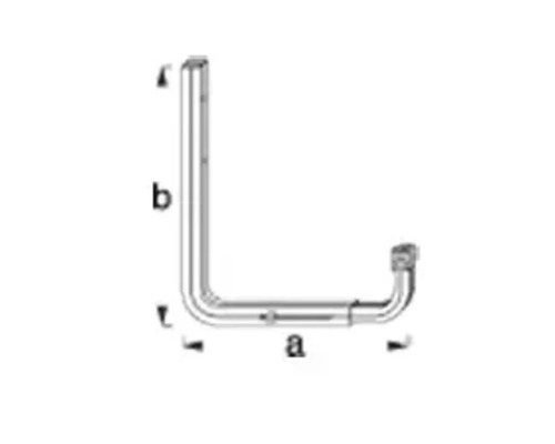 Afbeelding van een L-vormige metalen buis met de afmetingen a en b.