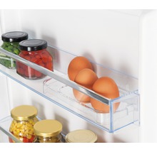 Gedetailleerde foto van een koelkast met conserven en eieren in de schappen