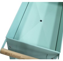 Close-up van een plantentafel met metalen bak en houten handvat