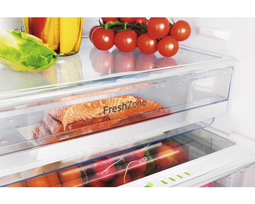 Kijkje in een koelkast met groenten en vis in een vershoudzone