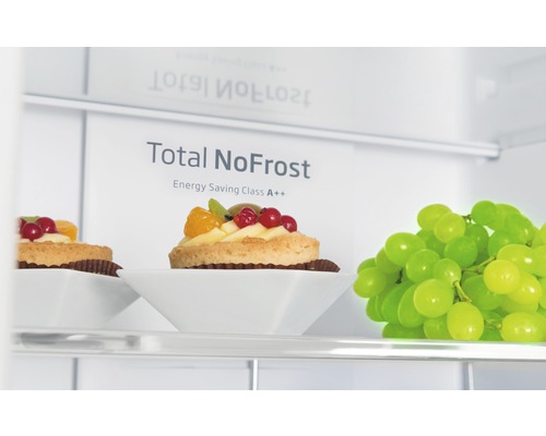 Interieur van een koelkast met de tekst Total NoFrost en energie-efficiëntieklasse A++, met gebak en druiven.