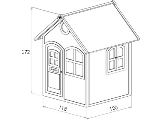 Illustratie van een speelhuis met de afmetingen 172 cm hoog, 118 cm en 120 cm breed.